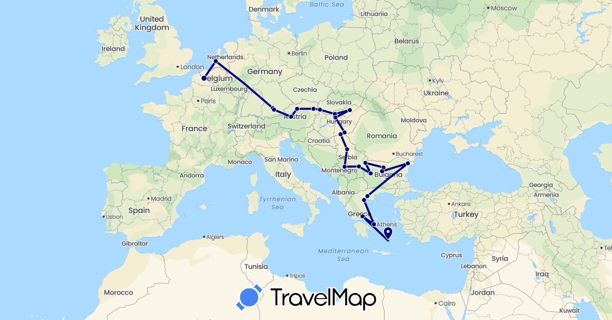 TravelMap itinerary: driving in Austria, Bulgaria, Germany, France, Greece, Hungary, Netherlands, Serbia, Slovakia (Europe)